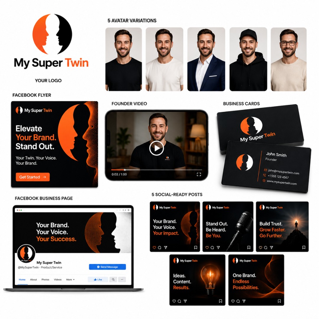 My Super Twin brand package including logo, avatars, flyer, founder video, business cards, Facebook page and social posts